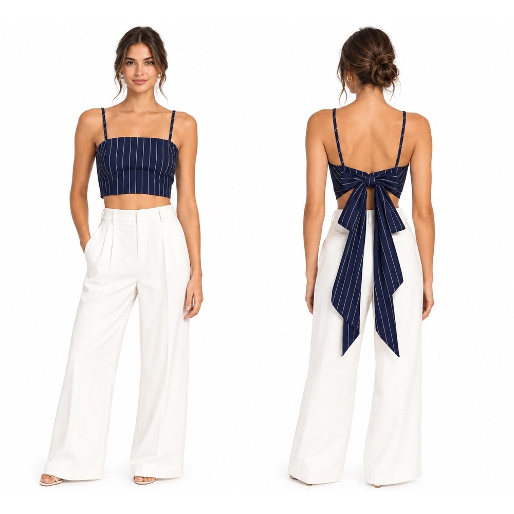 WAYF Navy  Blue Pinstripe Tie Back Crop Top Linen Blend Spaghetti Strap